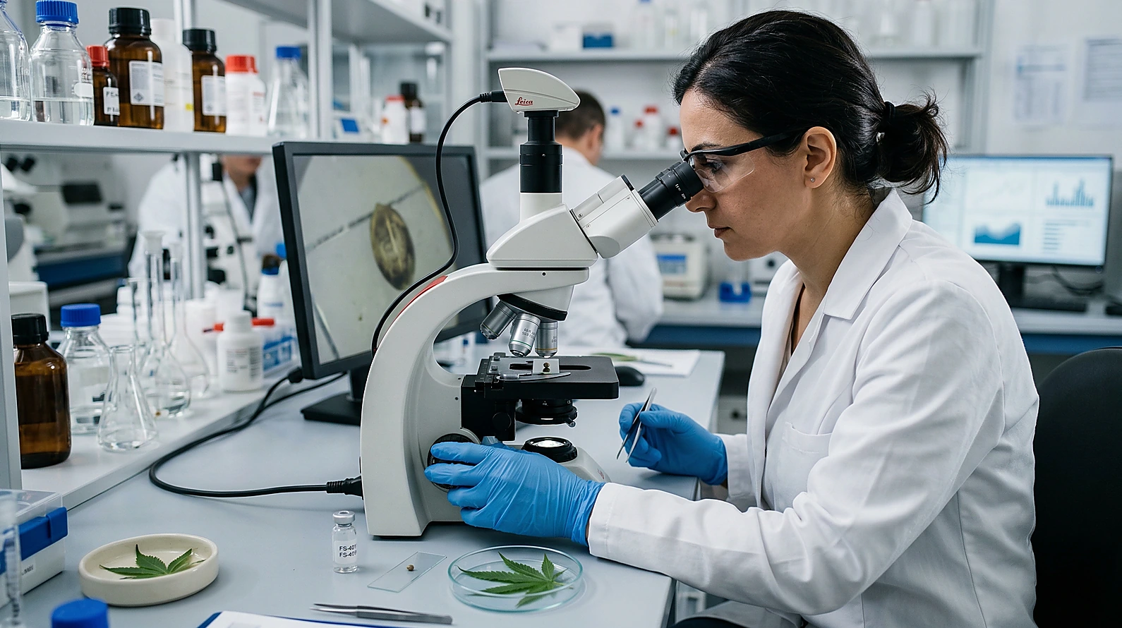 Kenevir bitkisinin adli tıp incelemesini temsil eden profesyonel laboratuvar görüntüsü.