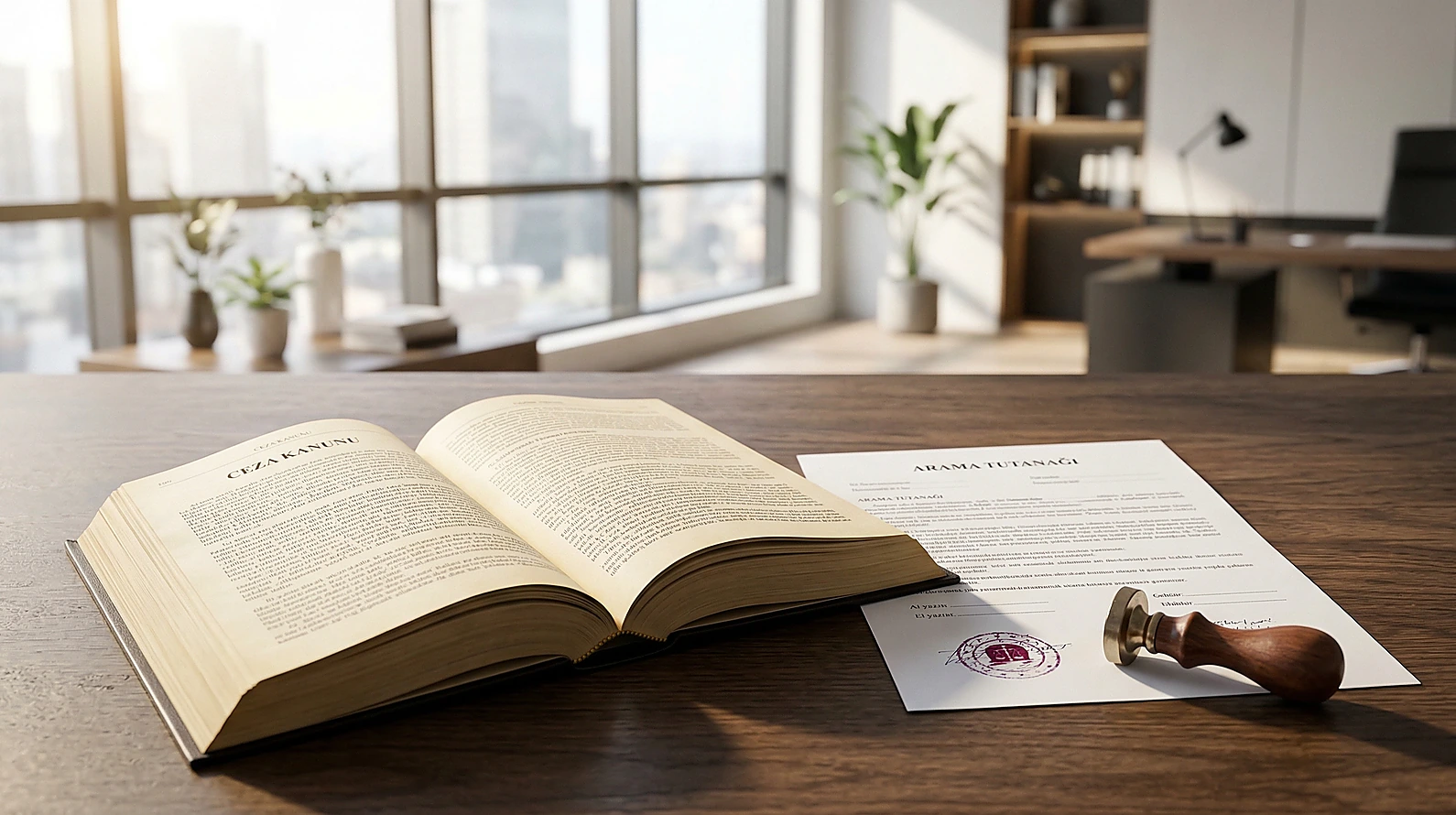 Arama kararı ve hukuki metinleri temsil eden profesyonel ofis detayı.