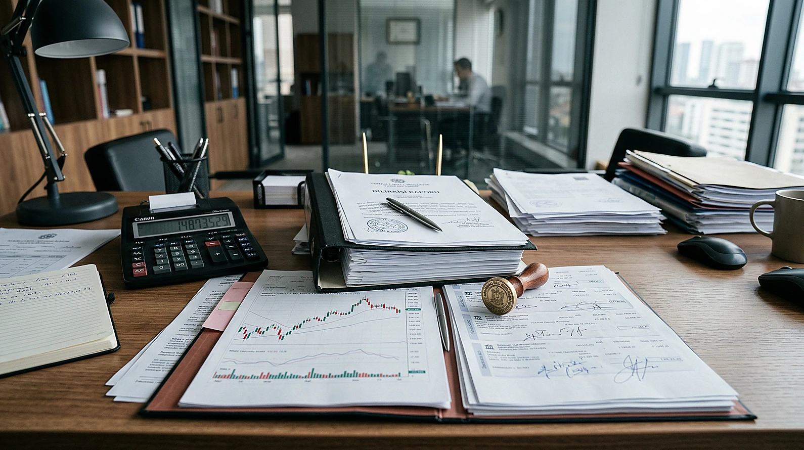 Mali bilirkişi incelemesini temsil eden profesyonel çalışma masası ve finansal belgeler.