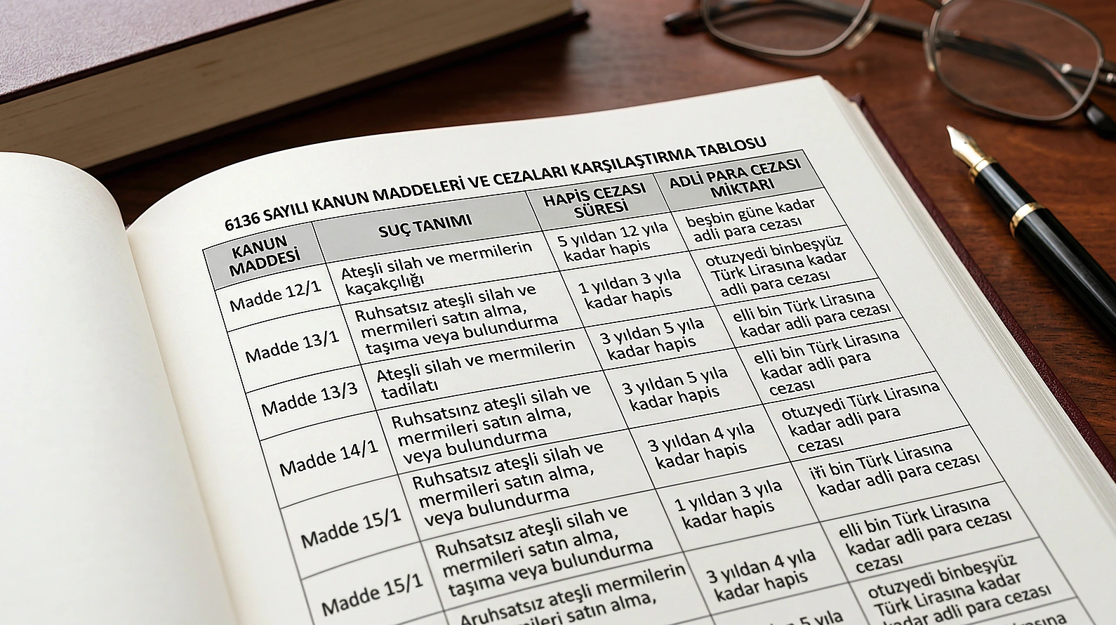6136 sayılı Kanun suç ve ceza oranlarını gösteren karşılaştırmalı hukuk tablosu.