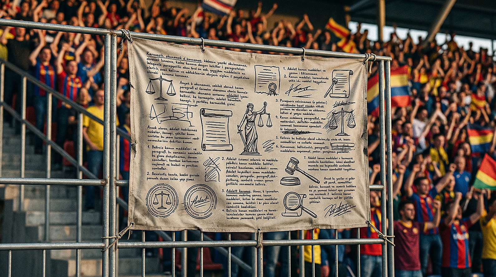Tribünde asılı pankart ve spor hukuku yaptırımları görseli.