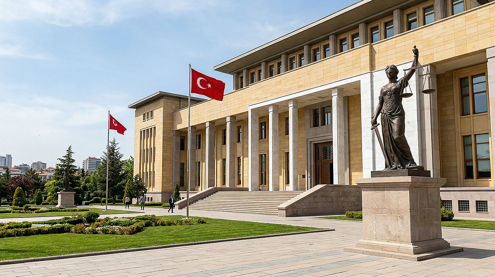 Ankara'daki Danıştay binası ve adalet terazisi simgesi.