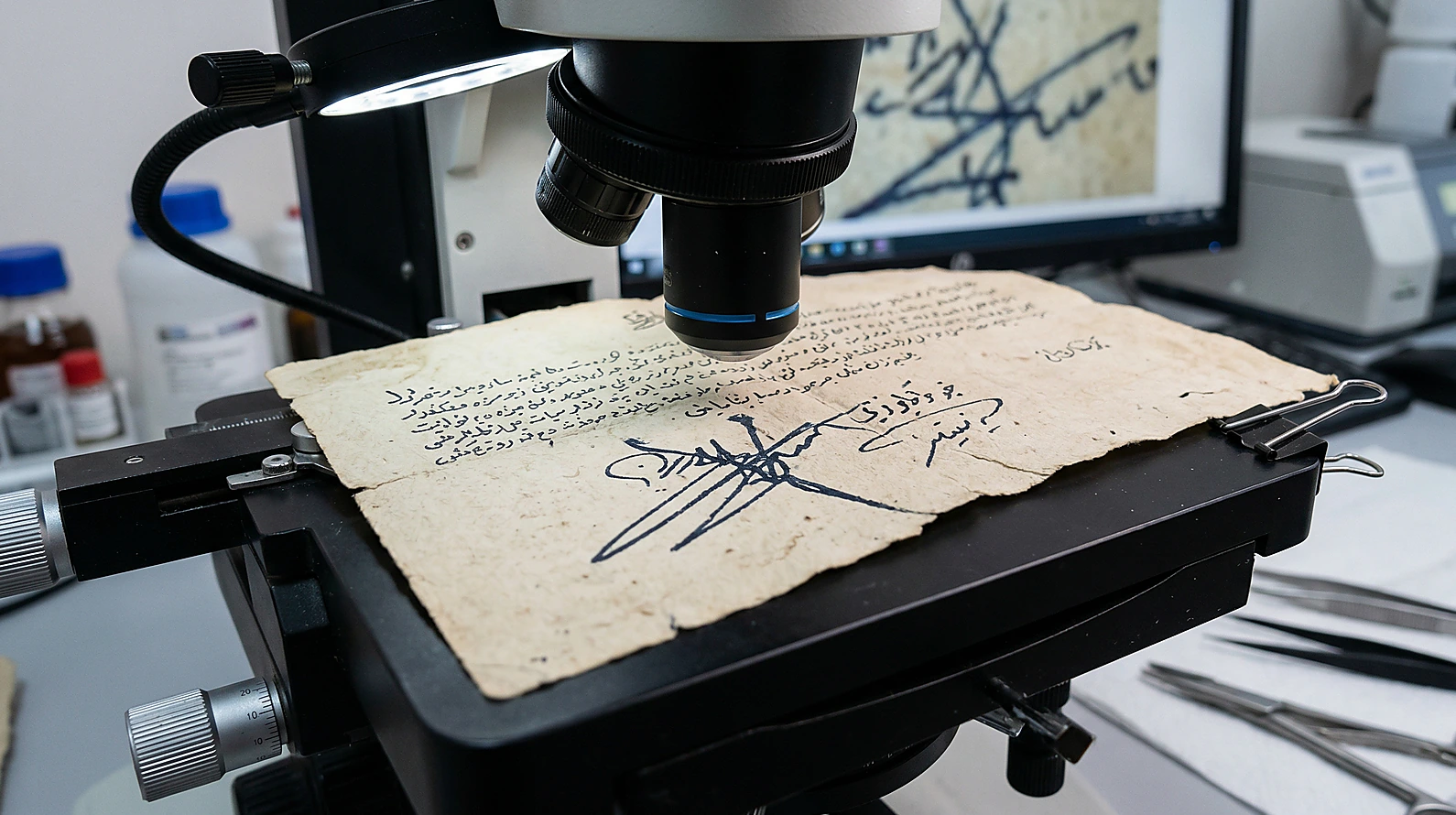 Kriminal laboratuvarda senedin mürekkep ve yazı yaşı analizi süreci.