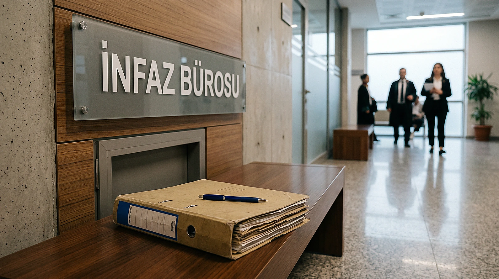 Adliye infaz bürosu işlem adımlarını simgeleyen profesyonel hukuk görseli.