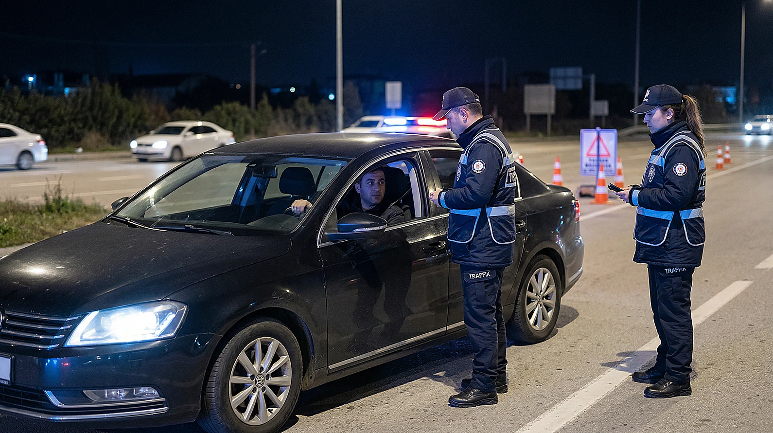 Yol kontrol noktasında araç denetimi sahnesi.