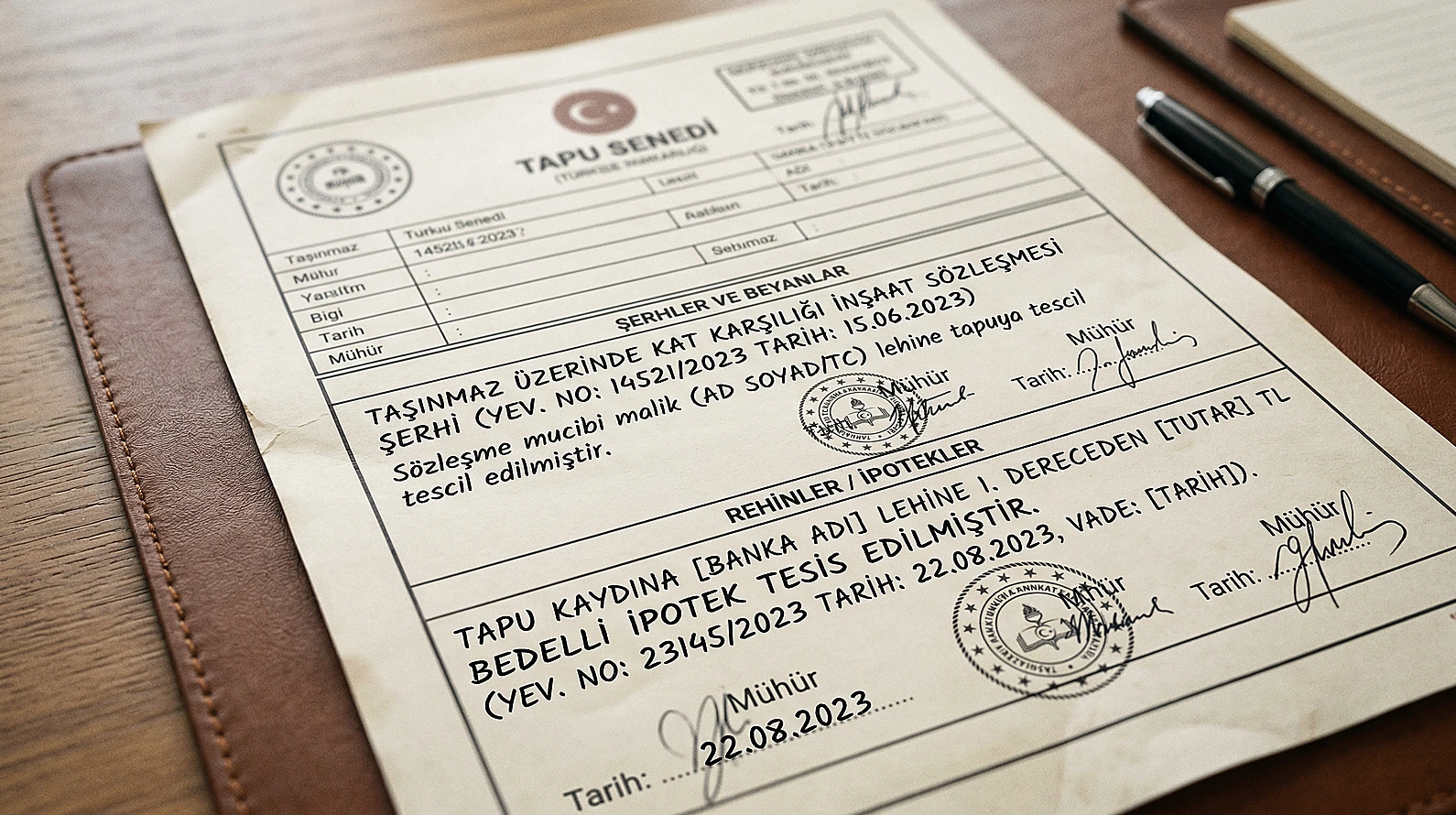 Tapu kaydı üzerinde inşaat sözleşmesi şerhi ve ipotek detaylarını gösteren teknik belge.