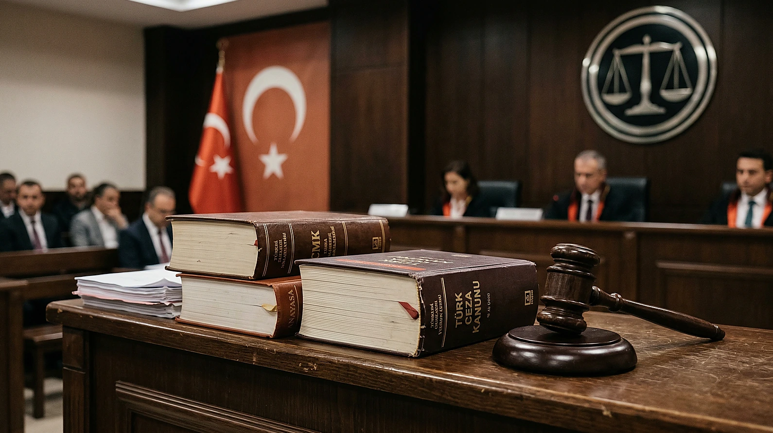 Anayasal düzen ve milli savunma suçlarının yargılandığı mahkeme atmosferi.