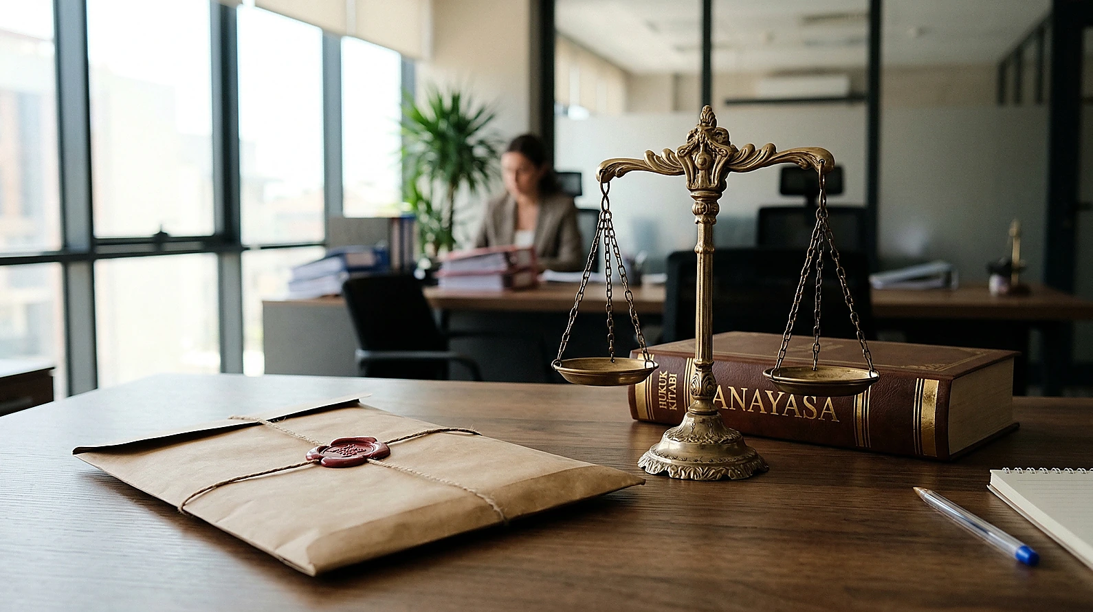 Avukat bürosunda mühürlü delil zarfı ve hukuki semboller.