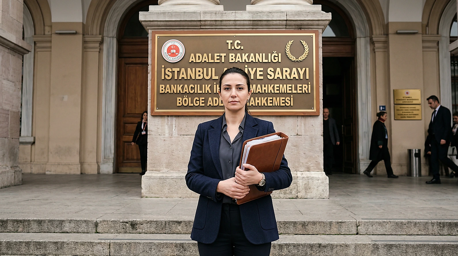 Bankacılık ihtisas mahkemesi önünde dosya inceleyen hukukçu.