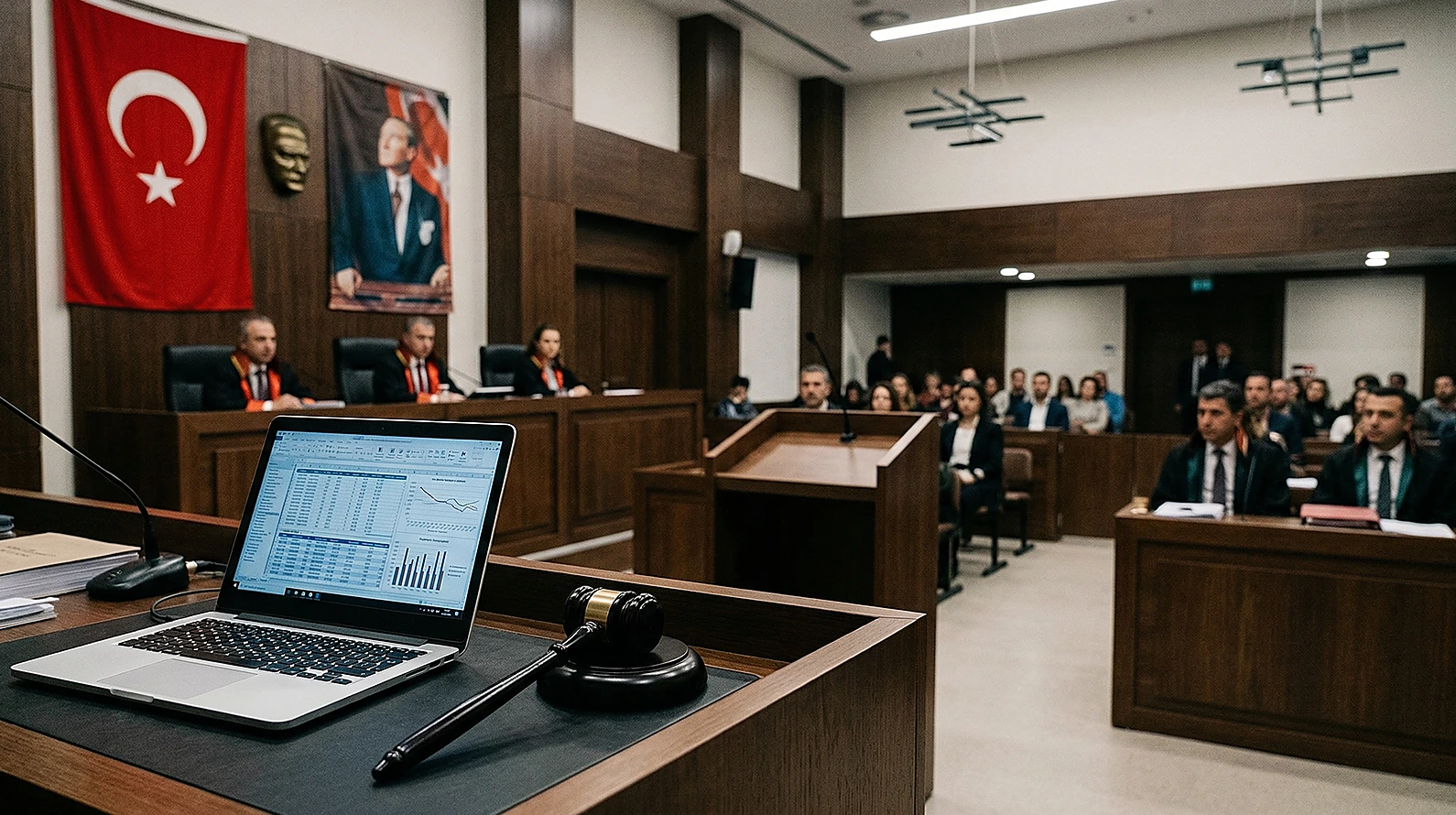 Bilişim ihtisas mahkemesi duruşma salonu ve dijital delil incelemesi.