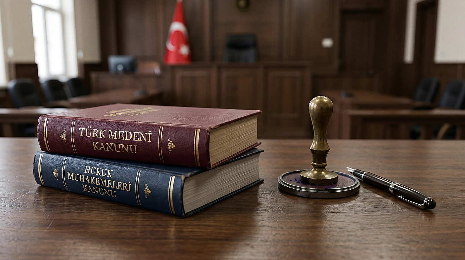 Aile Mahkemesi yargılama materyalleri: Kanun kitapları ve mühür.