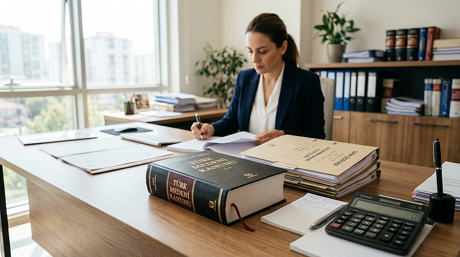 Boşanma davası dosyaları ve Medeni Kanun kitabı içeren profesyonel hukukçu masası.