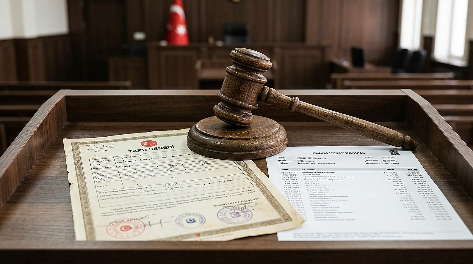 Hukuki güvence ve ihtiyati tedbir işlemlerini simgeleyen tokmak ve dökümler.
