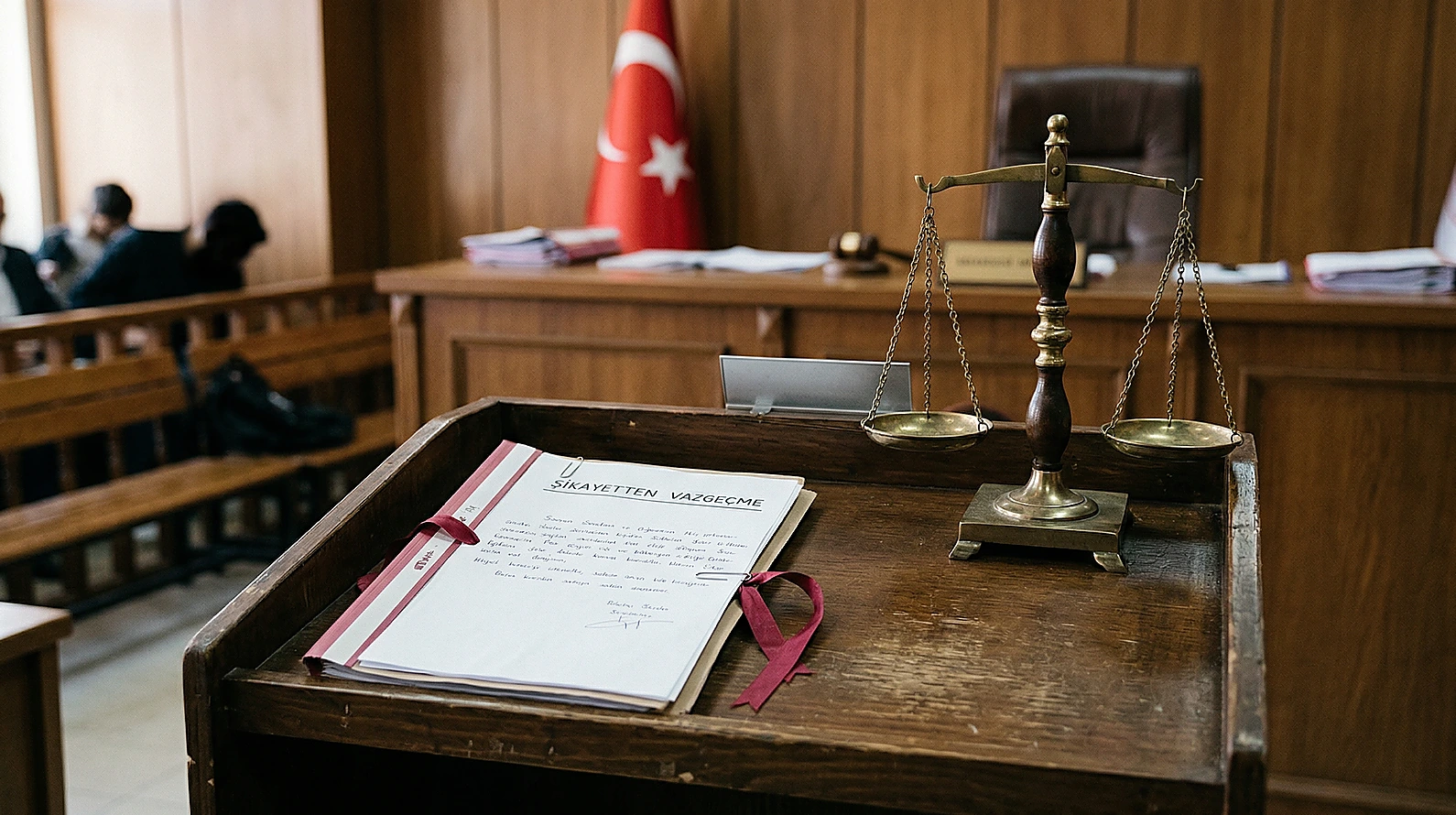 Ceza davasında şikayetten vazgeçme beyanını temsil eden mahkeme dosyası ve terazi.