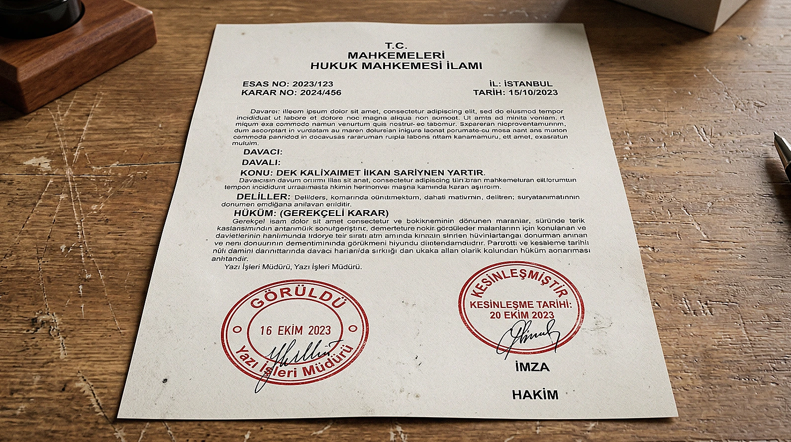Kesinleşme şerhi ve mühür içeren mahkeme hüküm belgesi.