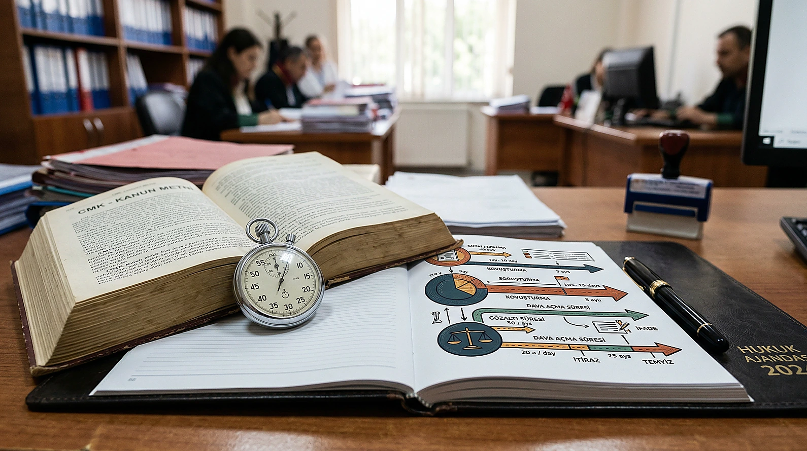 CMK koruma tedbirleri sürelerini simgeleyen profesyonel hukuk çalışma alanı.
