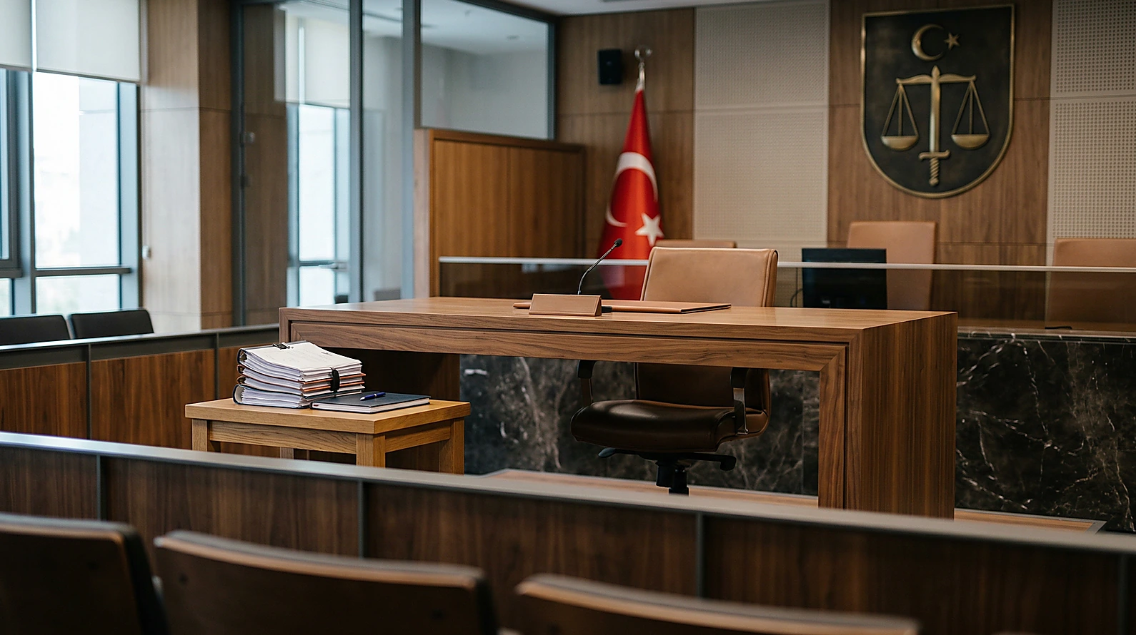 Mahkeme salonu ve duruşma açılma sürecini simgeleyen kürsü görseli.