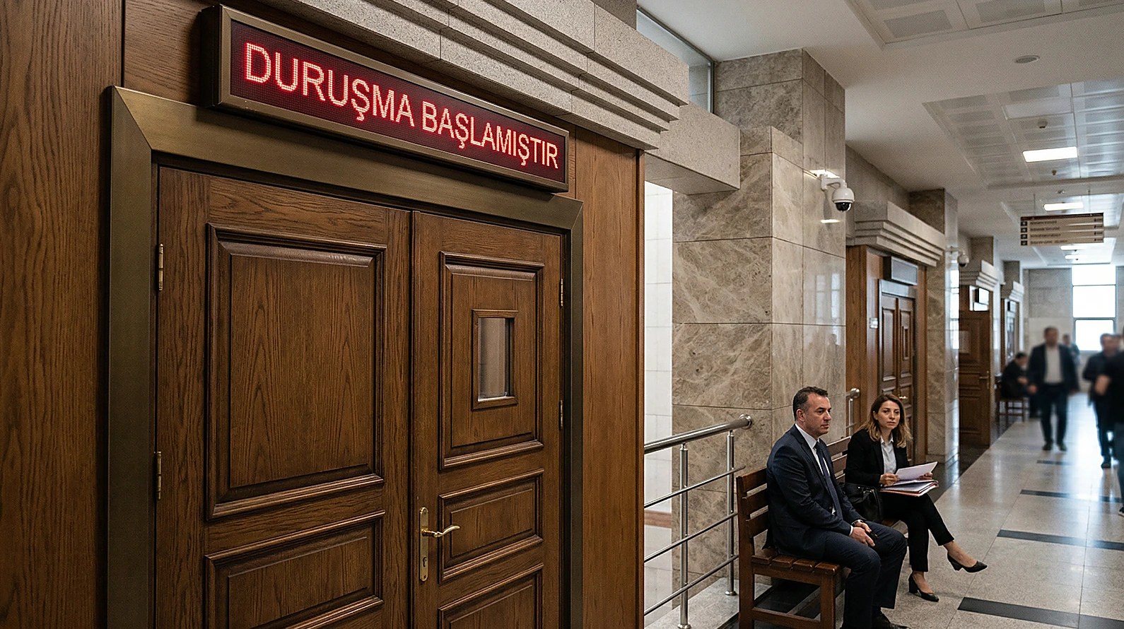 Mahkeme salonu girişindeki duruşma tabelası ve kapalı kapılar.