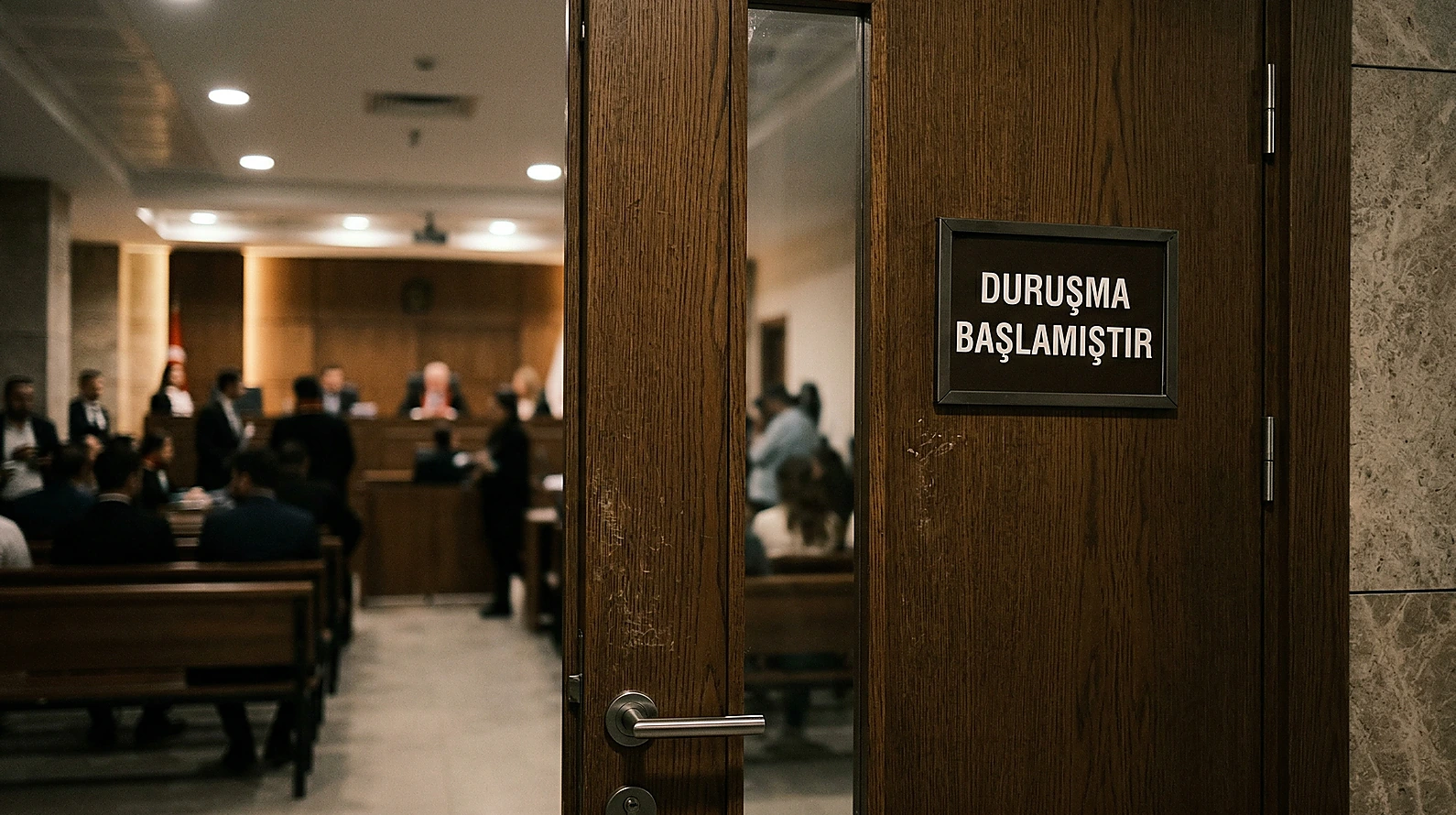 Duruşmanın açıklığı ilkesini simgeleyen yarı açık mahkeme kapısı görseli.