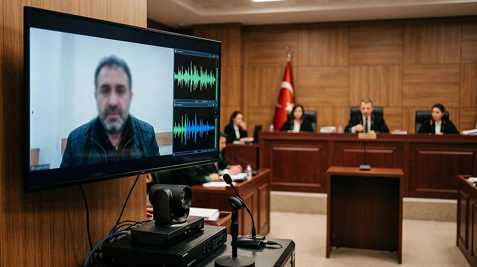 Mahkeme salonunda SEGBİS ses ve görüntü sisteminin görünümü.