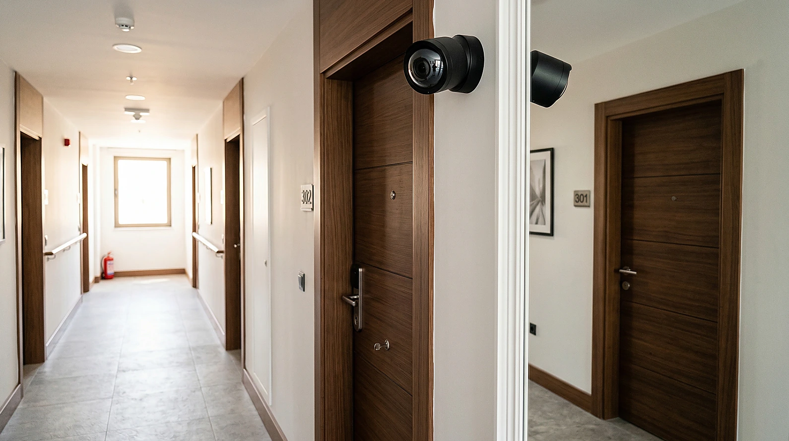 Apartman koridoruna yerleştirilmiş komşu kapısını gören güvenlik kamerası.
