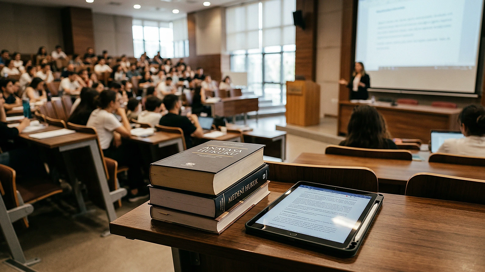 Hukuki eğitim ve seminer standartlarını yansıtan akademik ortam görseli.