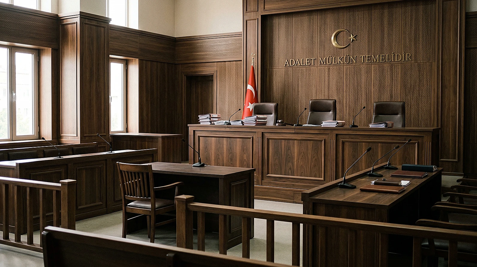 Gıyabi yargılamada boş kalan sanık sandalyesi ve mahkeme salonu detayı.