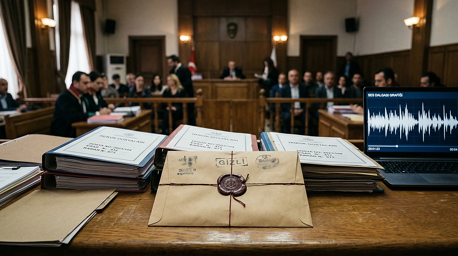 Tanık koruma tedbirleri ve kimlik gizleme prosedürlerini temsil eden hukuk temalı görsel.