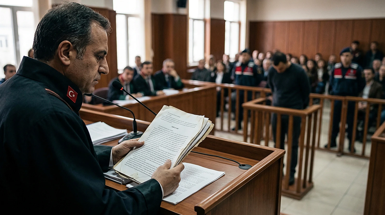 Duruşma esnasında okunan iddianame ve sanık savunma alanı.