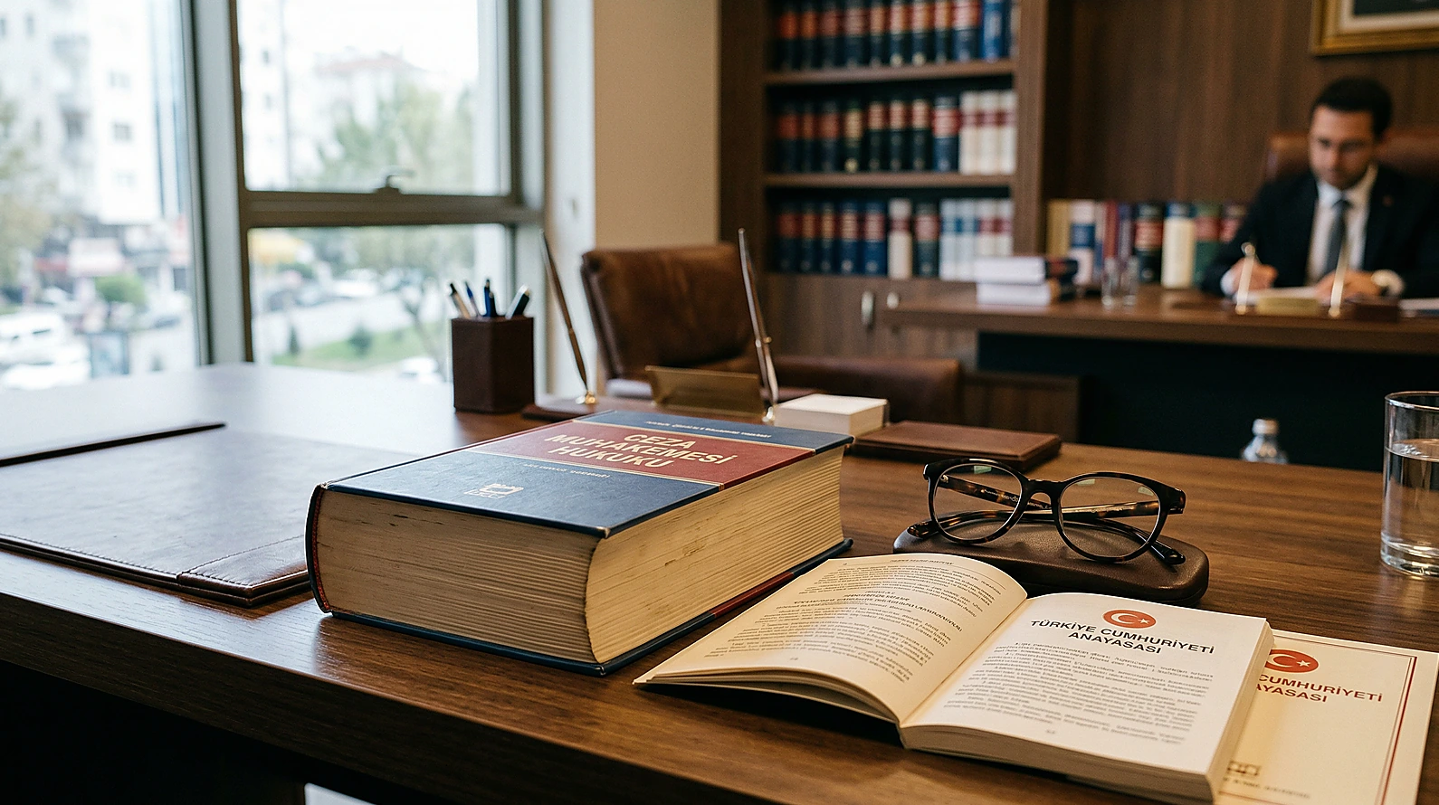 Hukuk kitapları ve gözlük içeren profesyonel çalışma masası görseli.