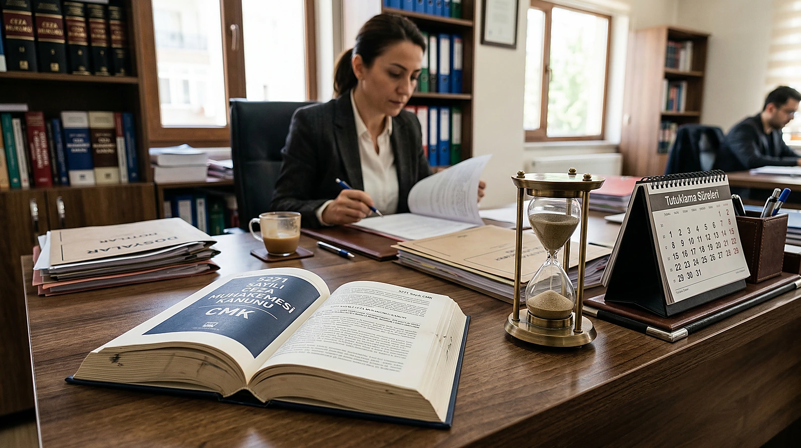 Ceza Muhakemesi Kanunu tutuklama sürelerini simgeleyen kum saati ve kanun metni.