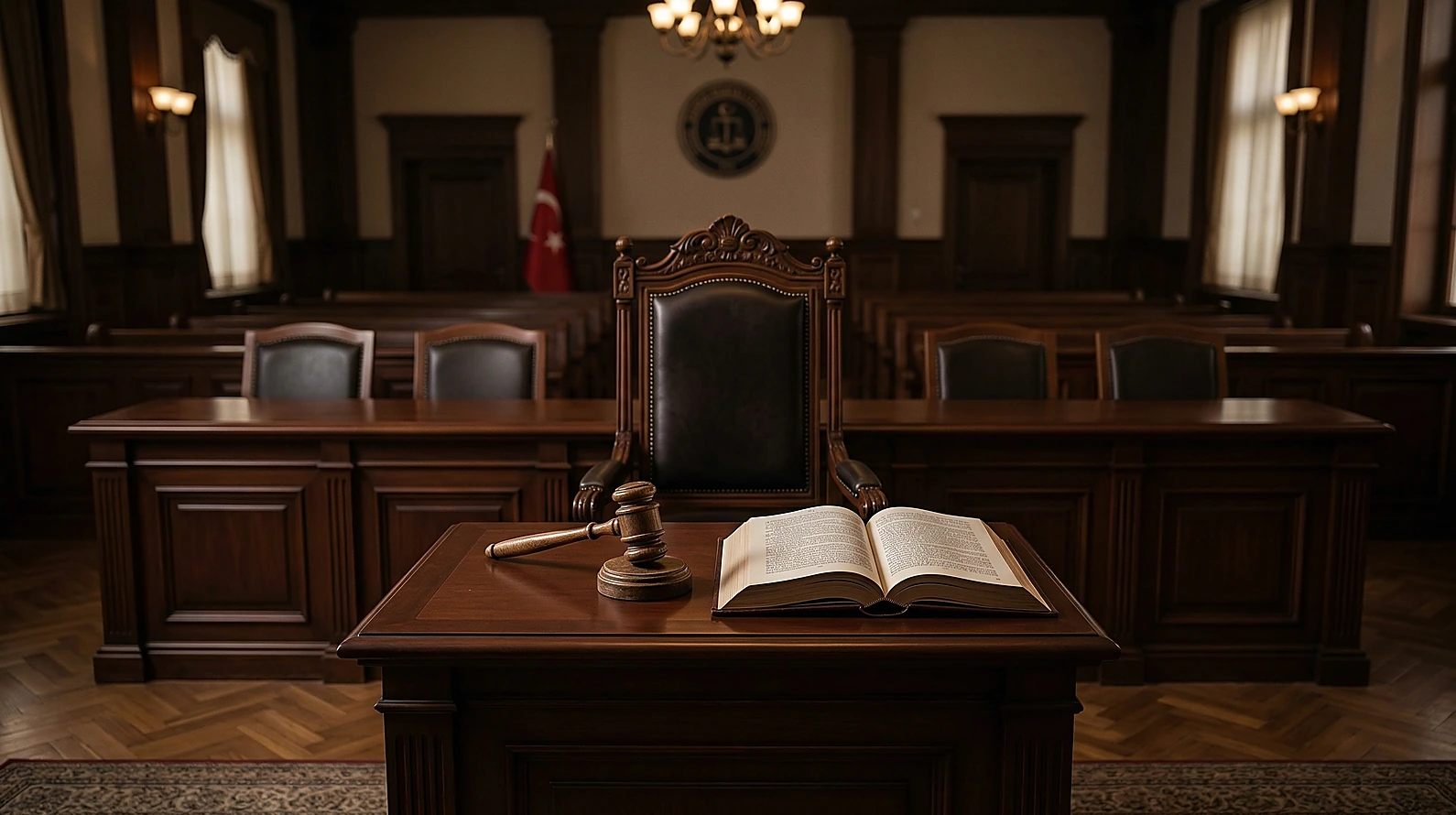 Hakimin yasaklılık halini ve tarafsızlık ilkesini sembolize eden mahkeme salonu görüntüsü.