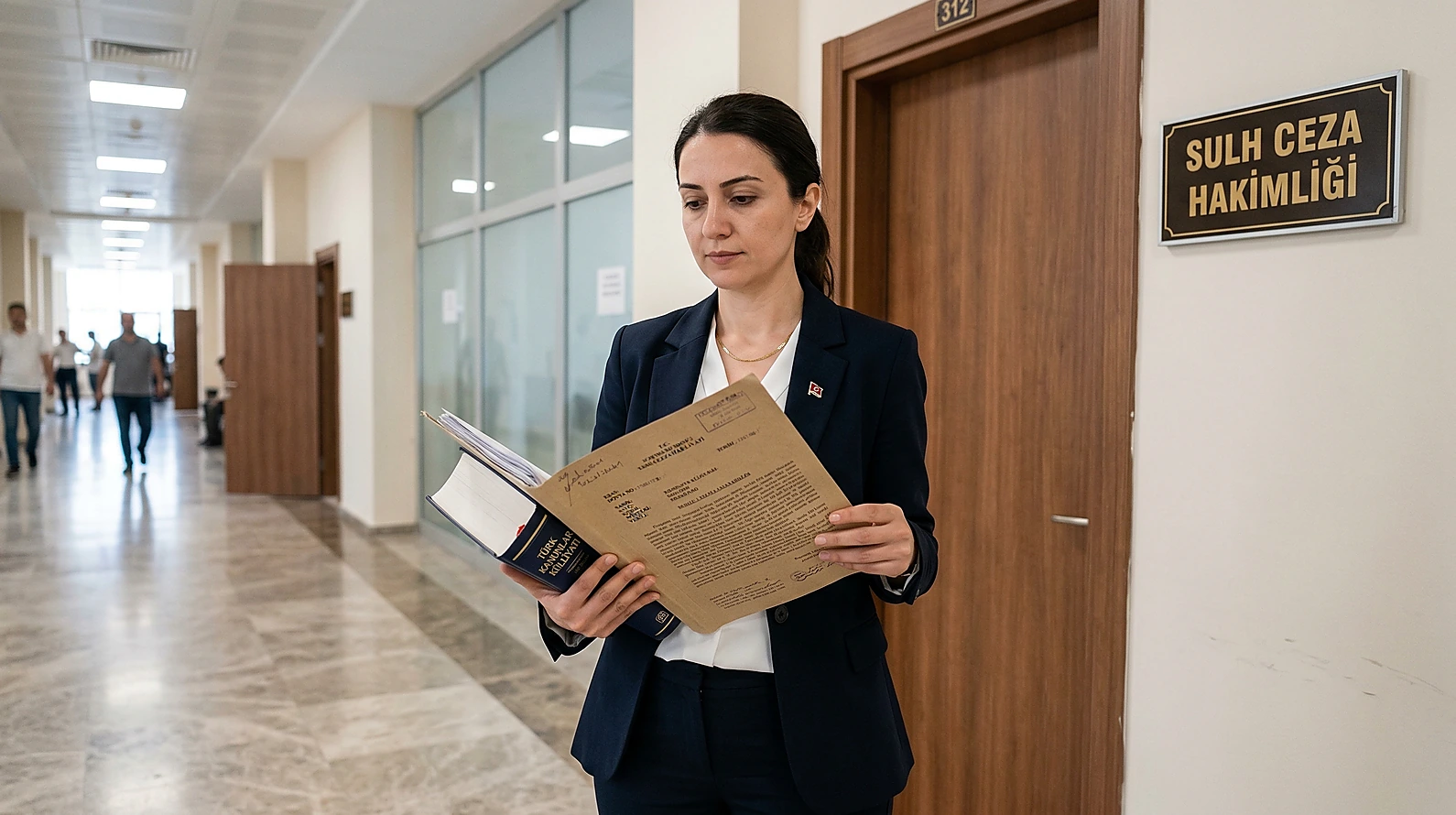 Adliye koridorunda tahliye dosyası inceleyen hukukçu.