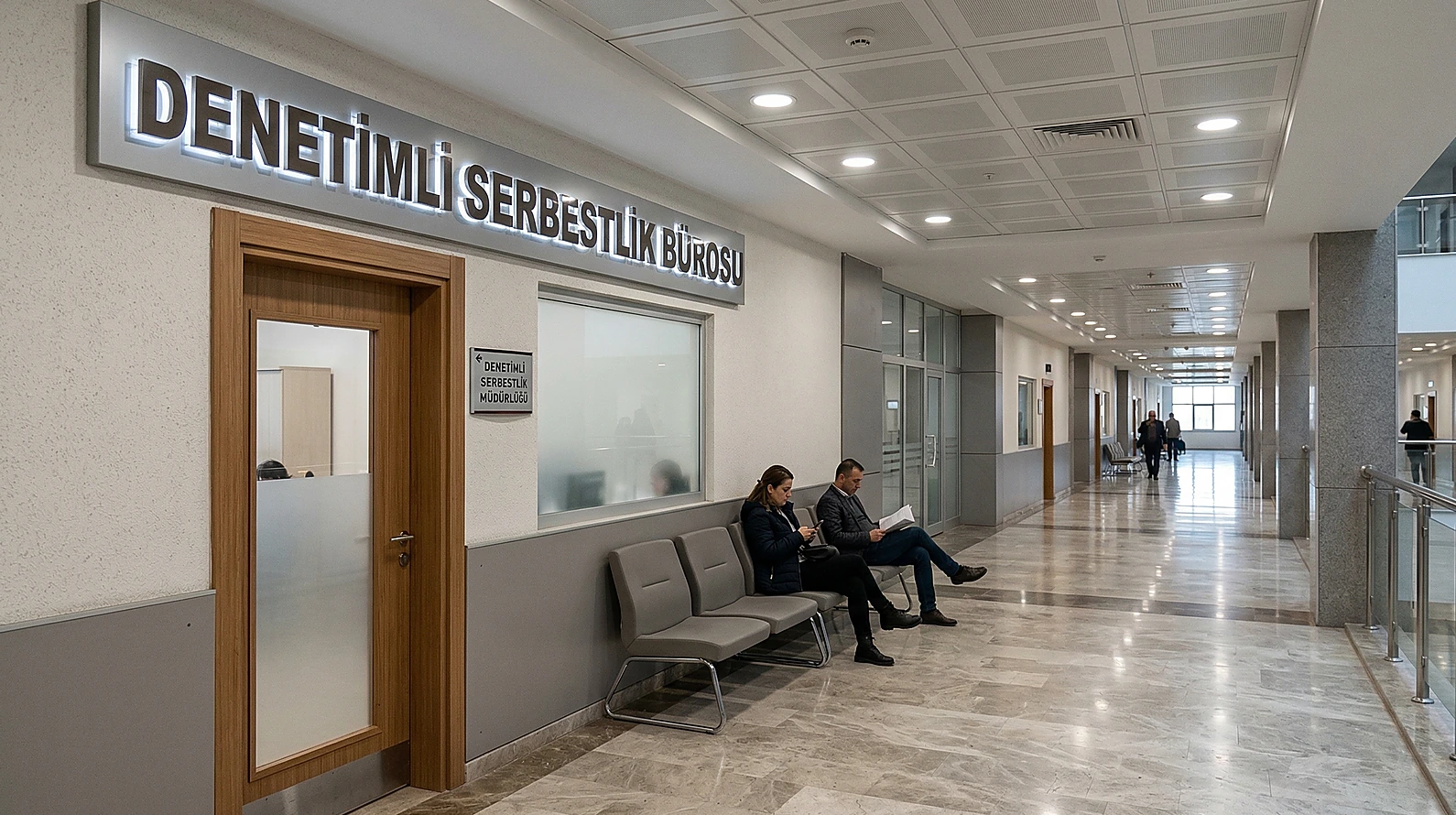 Denetimli serbestlik müdürlüğü bekleme alanı ve kurumsal yapı.
