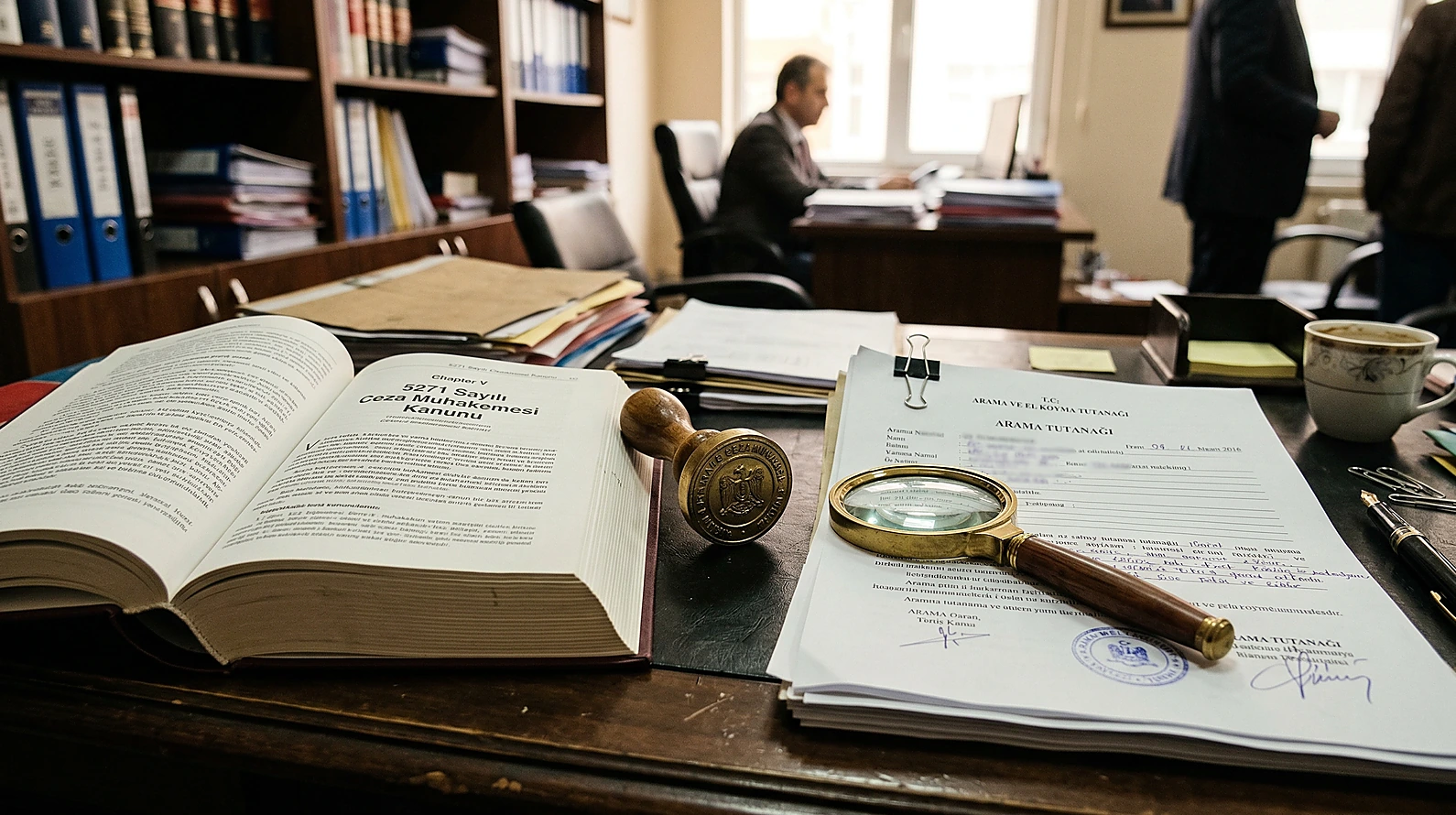 CMK arama ve elkoyma usulünü simgeleyen hukuk dökümanları ve kanun kitabı.