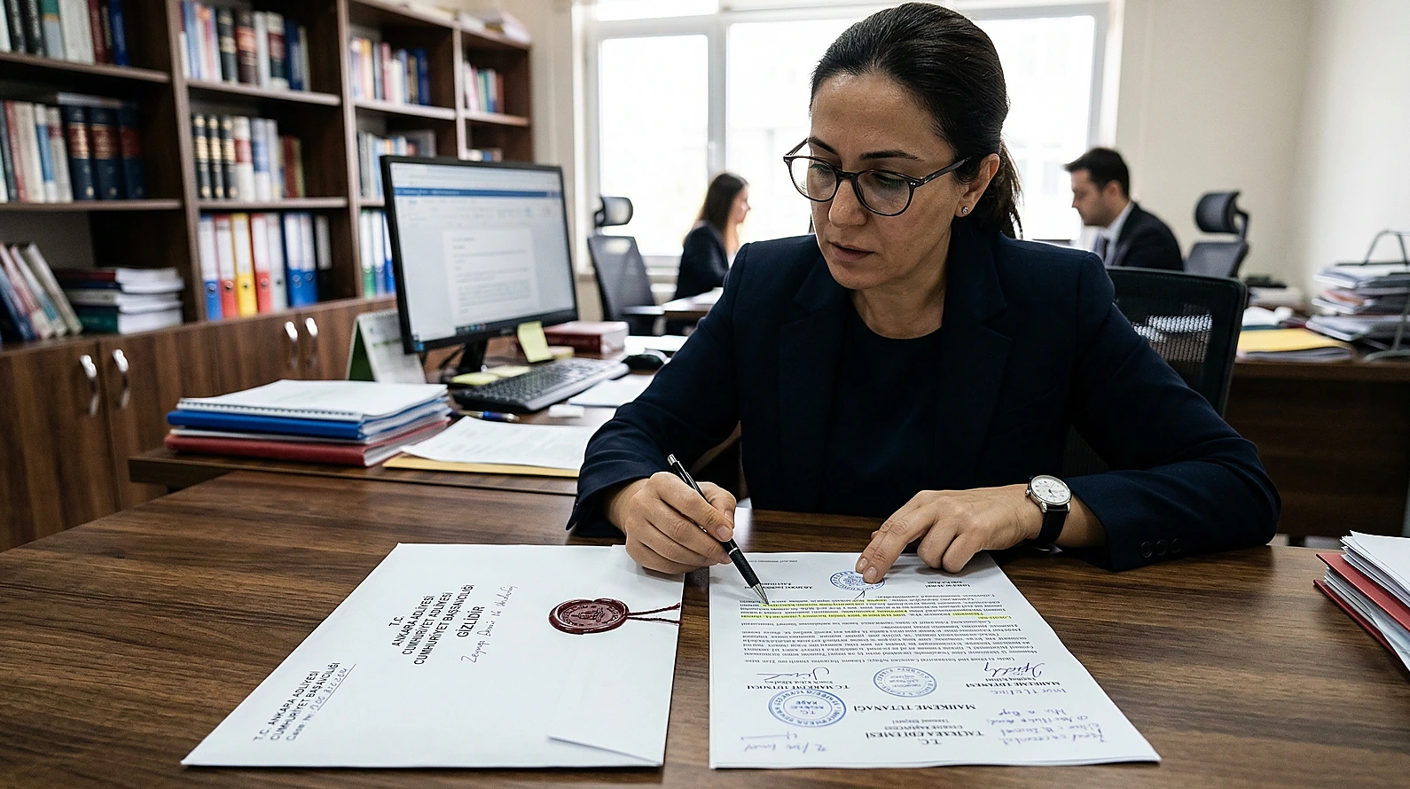 Hukuki süreçte yetkili makamlar ve belge güvenliği simgesi.