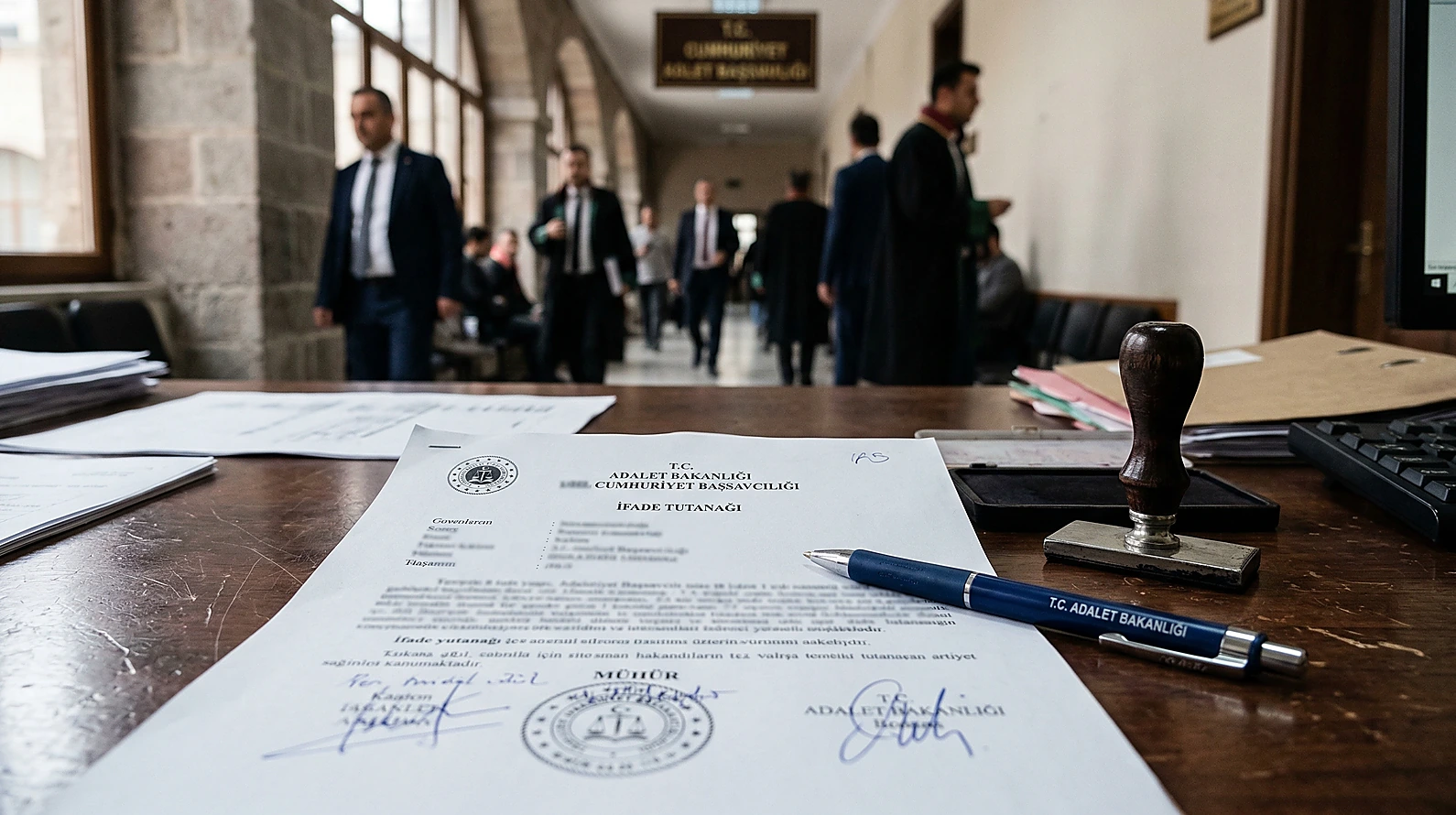 Resmi ifade tutanağı ve adliye kalemindeki profesyonel çalışma ortamı.