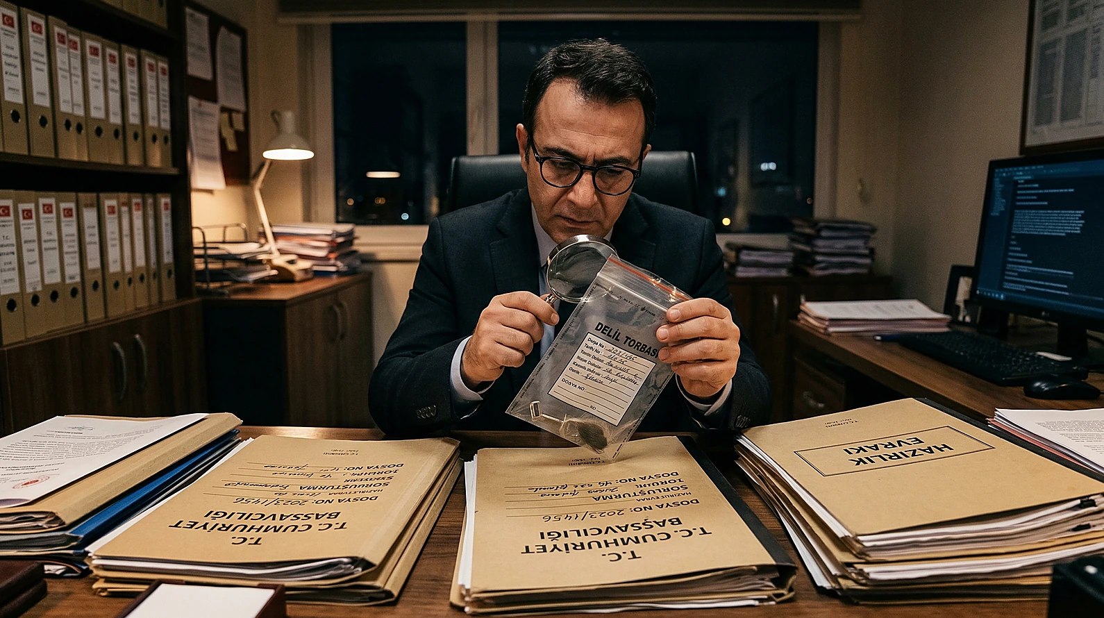 Savcılık soruşturma dosyasını ve delil incelemesini temsil eden editoryal görsel.