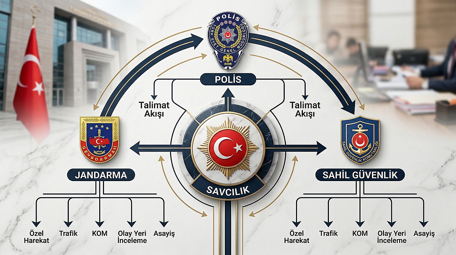 Adli kolluk birimleri ve savcılık makamı arasındaki yetki hiyerarşisi şeması.