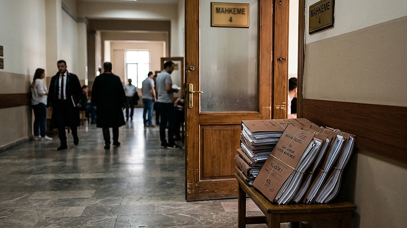 Adliye koridorunda bekleyen dava dosyaları ve usul kurallarını temsil eden görsel.