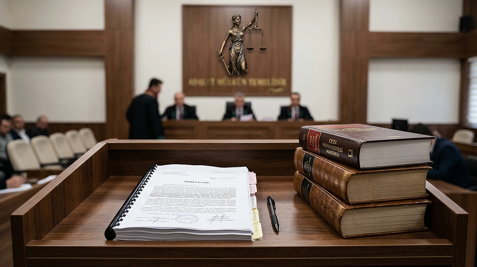 Duruşma salonunda hukuk belgeleri ve usul vurgusu.
