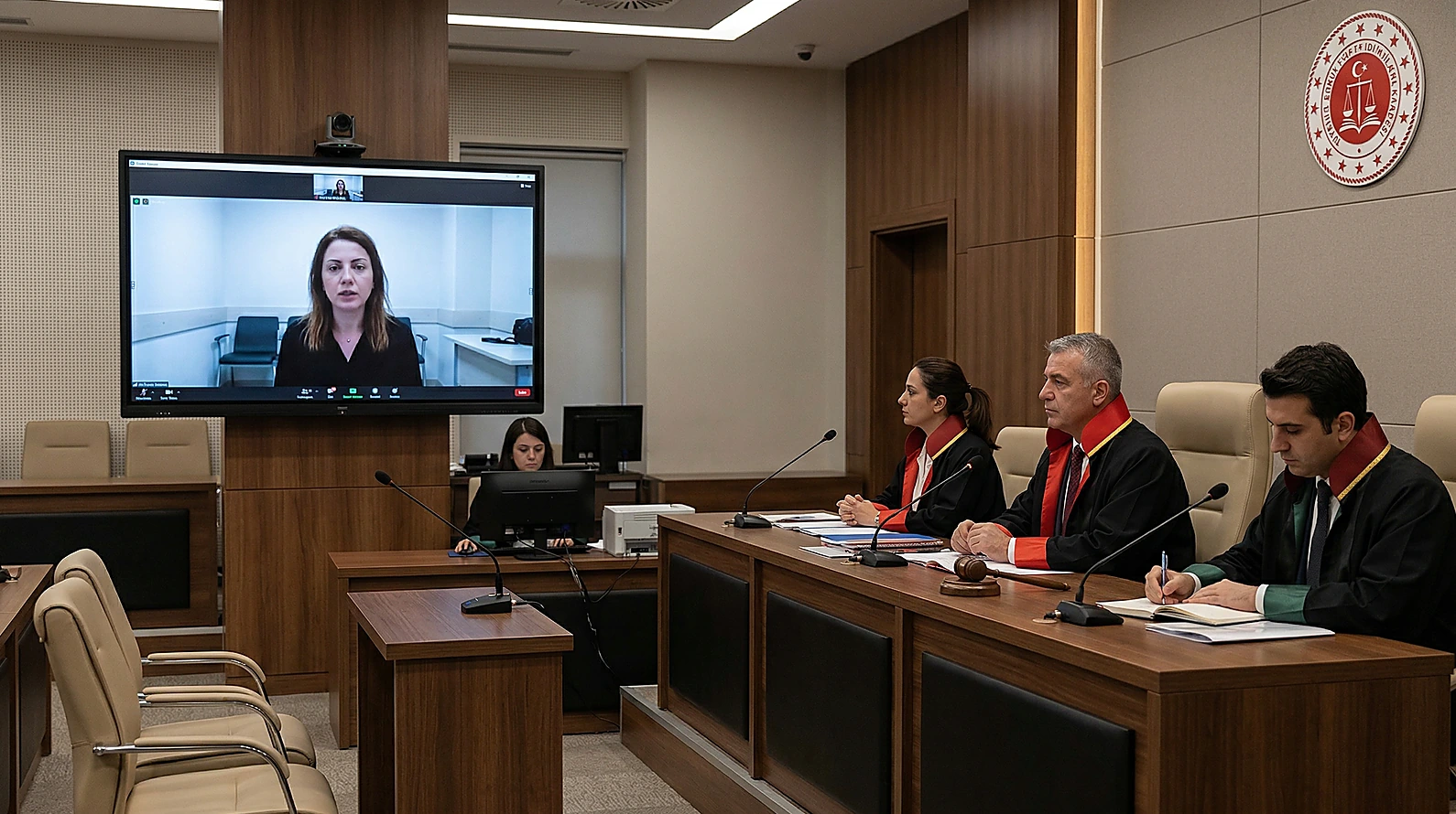 Duruşma salonunda SEGBİS sistemi üzerinden gerçekleştirilen tanık dinleme işlemi.