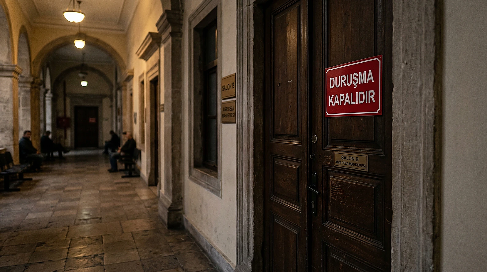 Duruşmanın kapalı yapıldığını gösteren resmi mahkeme salonu kapısı.