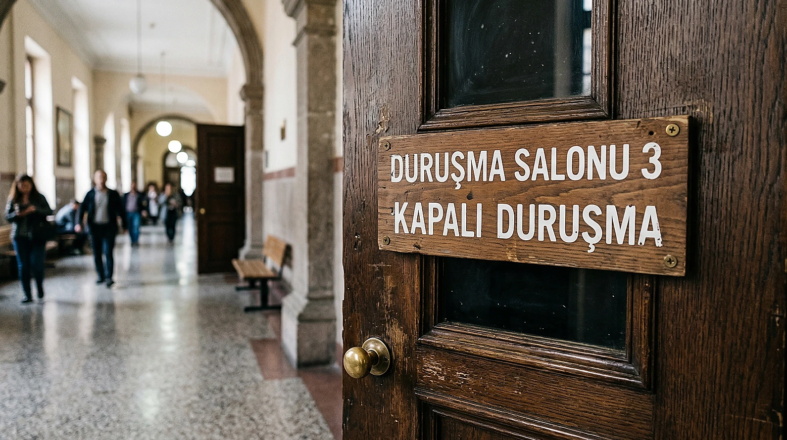 Kapalı duruşma tabelası ve adliye koridoru görseli