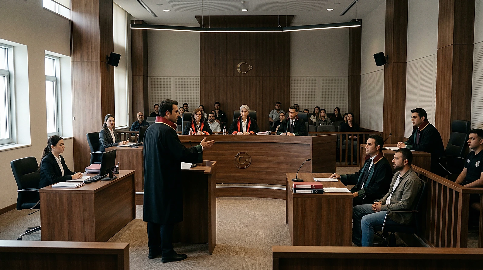 Ceza mahkemesi duruşma salonunda yer alan makamların hiyerarşik düzeni.