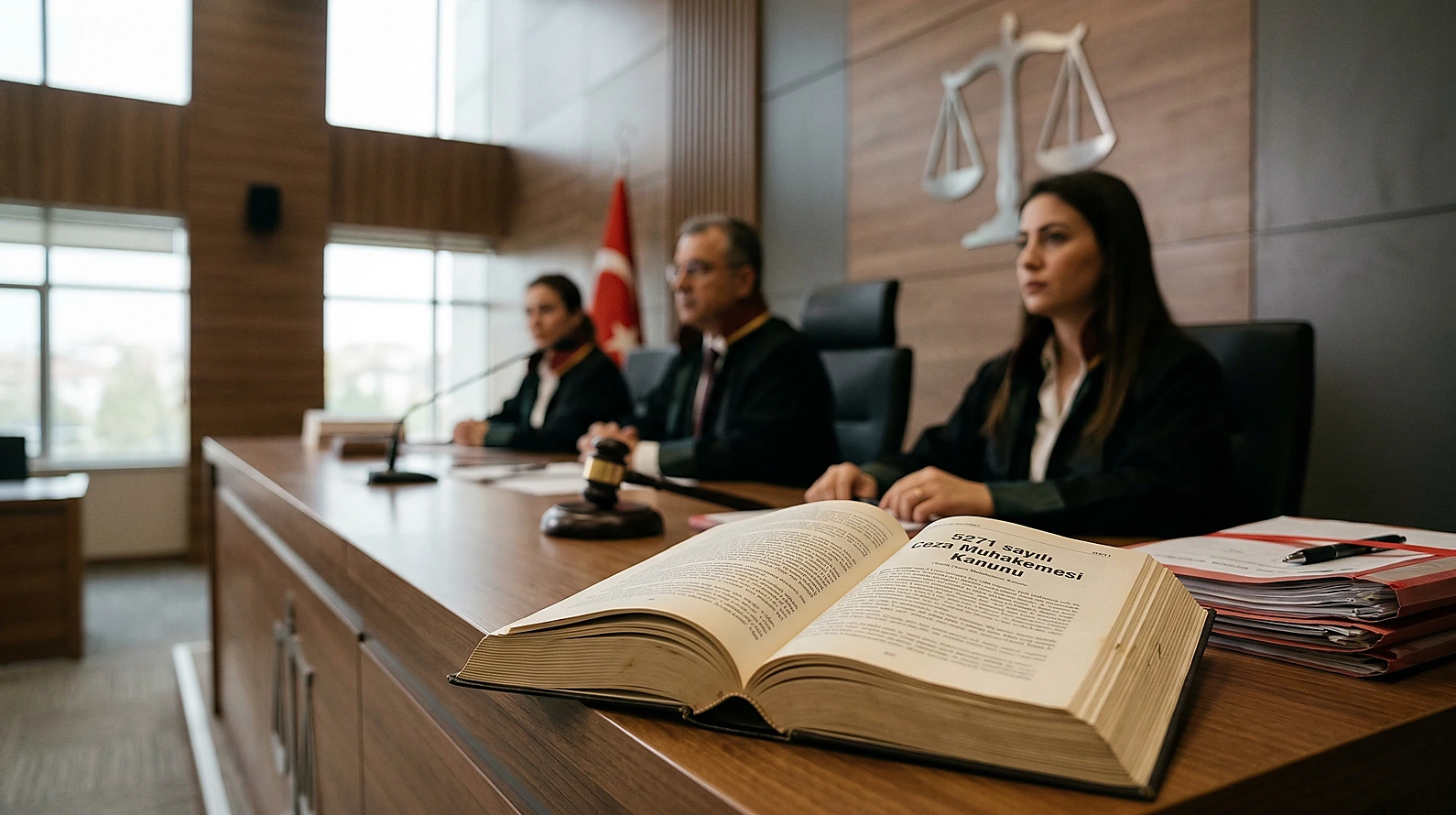 Ceza Muhakemesi Kanunu ve mahkeme salonu detay görseli.