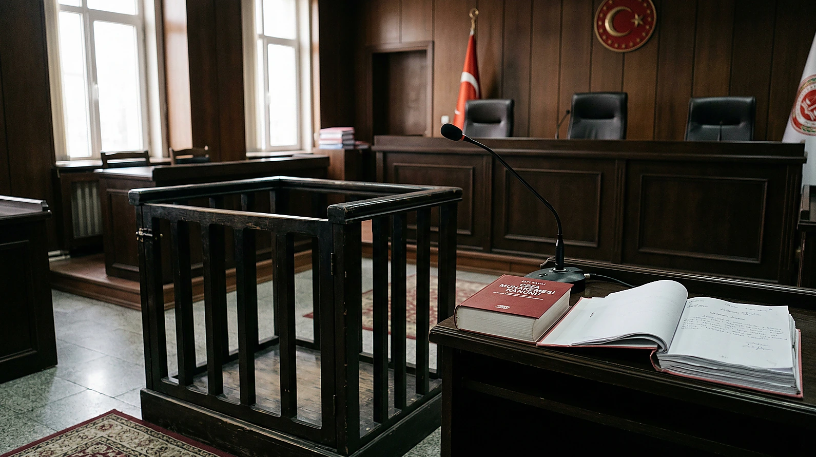 Mahkeme salonunda CMK kitabı ve iddianame dosyası.