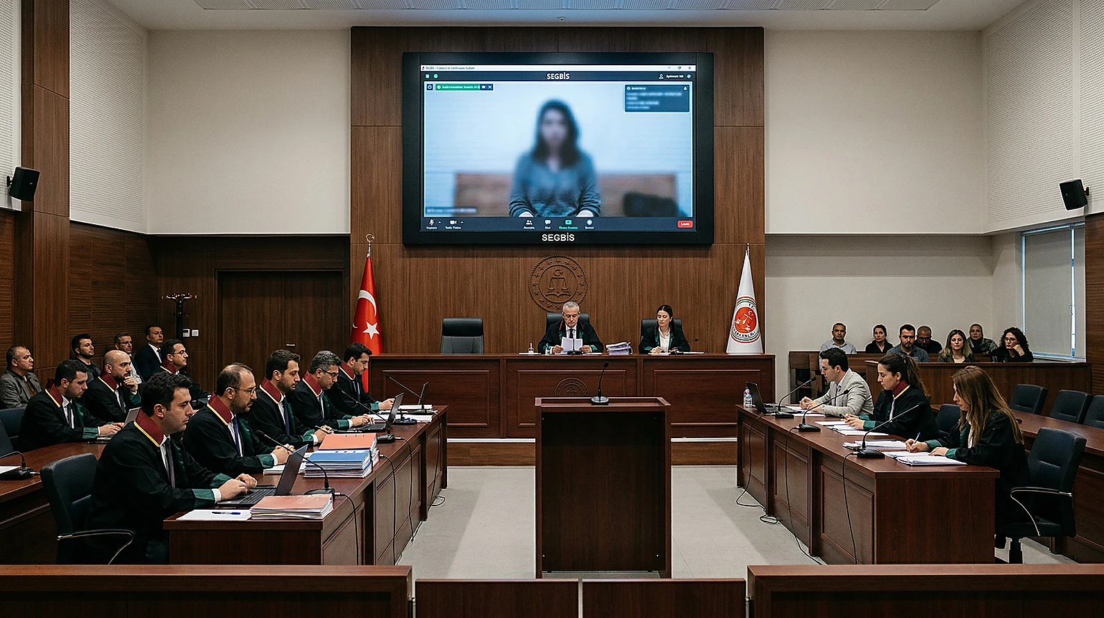 Mahkeme salonunda SEGBİS sistemi ve monitörü.