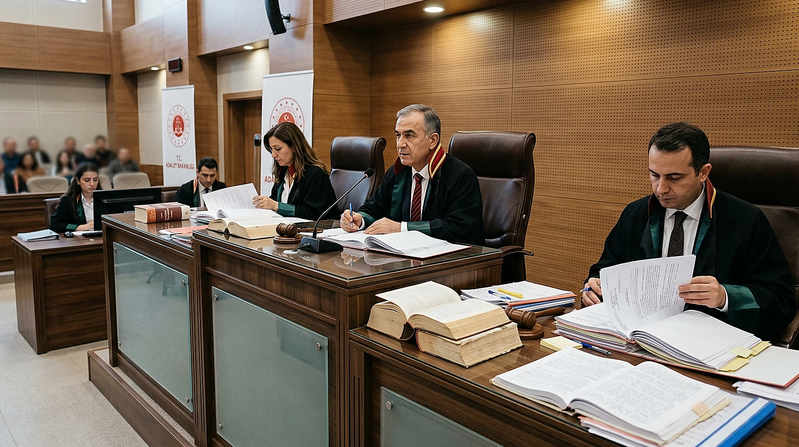 Mahkeme heyetinin duruşma yönetimi sırasındaki görünümü.