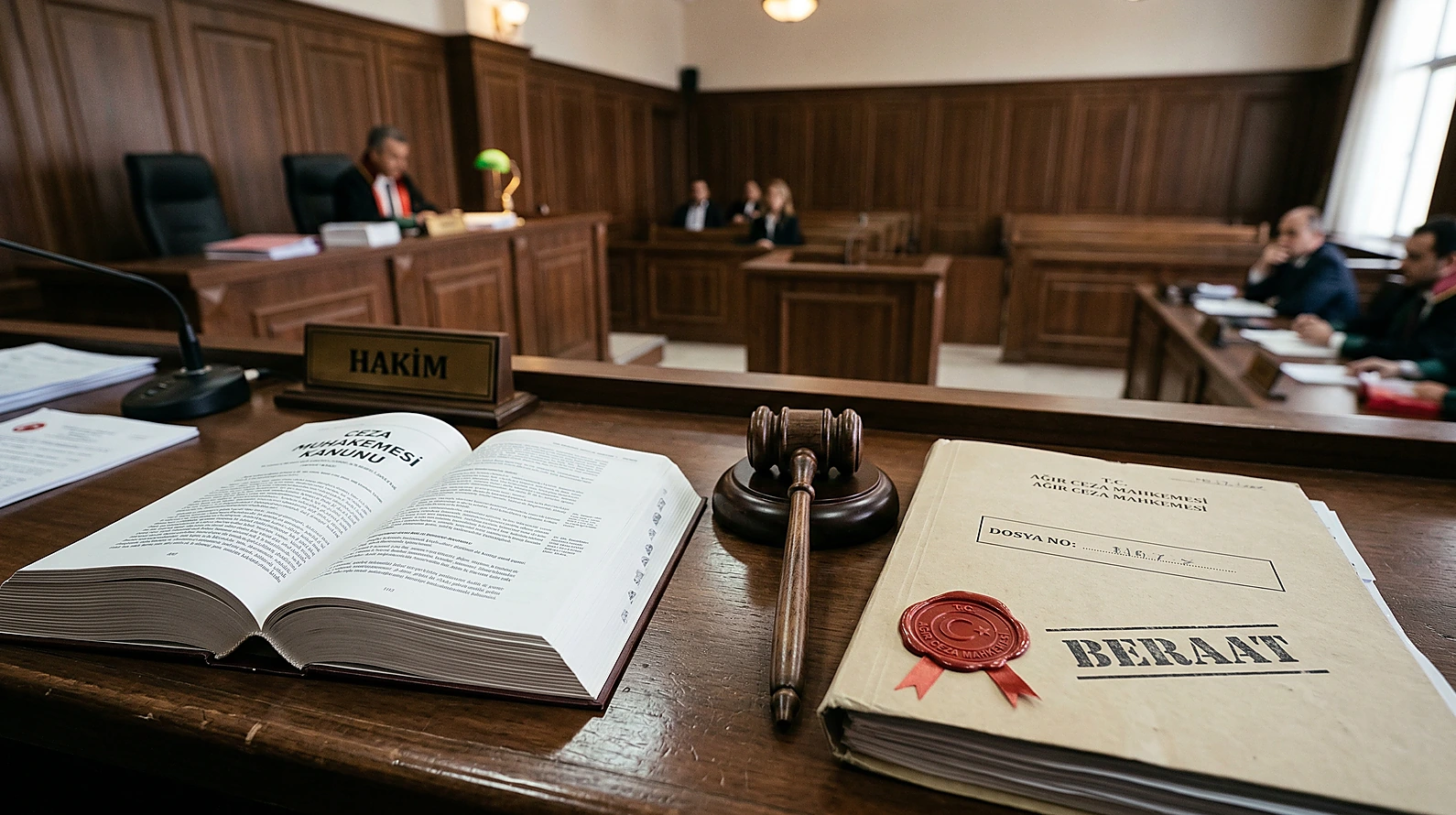 Mahkeme salonunda beraat dosyasını simgeleyen hukuk objeleri.
